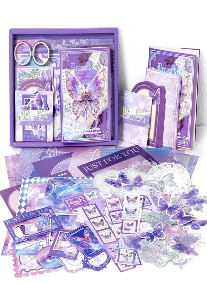 SVULINT Paper Vintage Big Size Aesthetic Scrapbook Kit, Scrapbooking Supplies Kit with Bullet Junk Journal,Stationery,A6 Grid Notebook Journaling Gift Set (Purple Butterfly) - Image 1